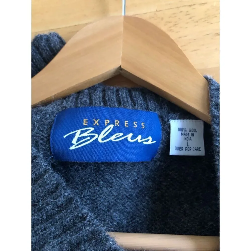 Express Bleus Wool Fair Isle V-Neck Sweater Gray Men’s L